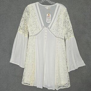 Loverich Tunic Dress Size Small Lace Bell Sleeve White Boho Romantic Flowy